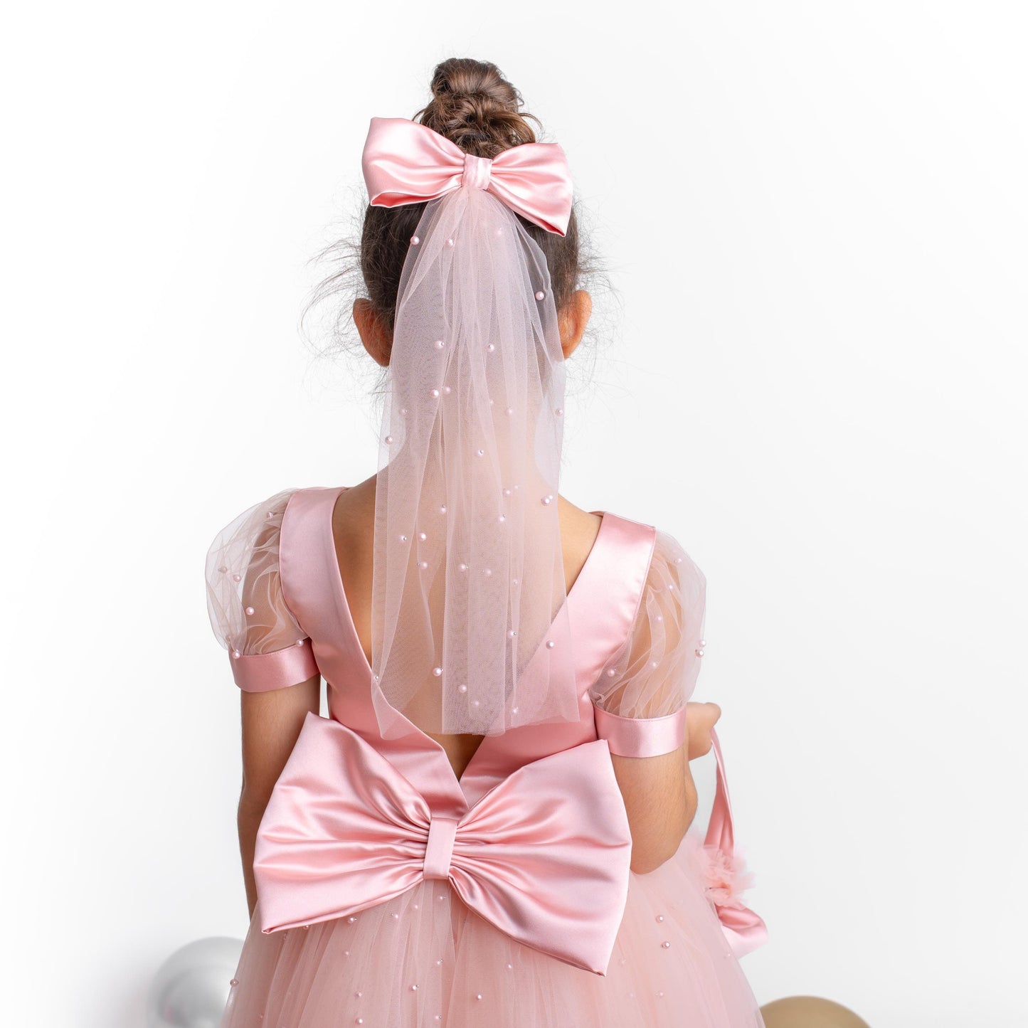 Blush Pearl Tulle Flower Girl Dress: V-Neck Communion, Baptism