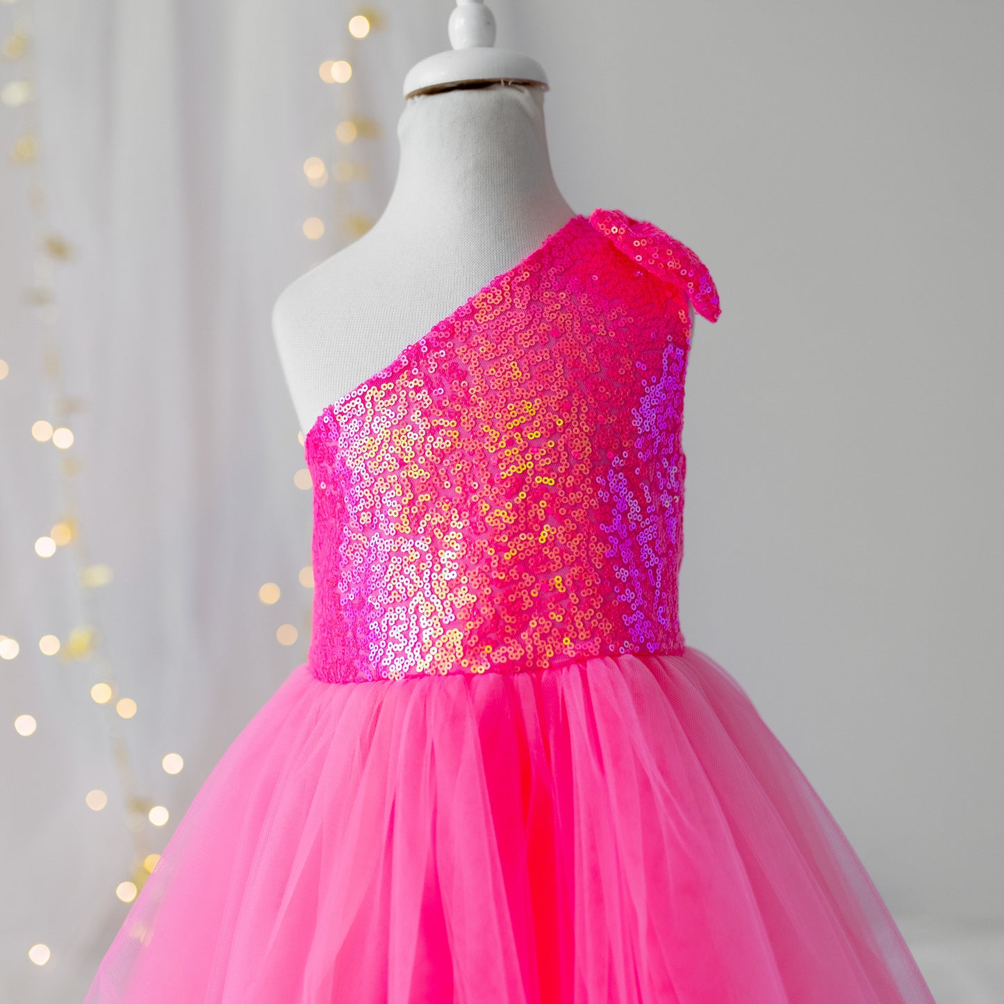 Personalized Pink Sequin Tulle Dress: One-Shoulder Party Outfit