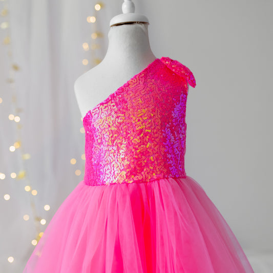 Personalized Pink Sequin Tulle Dress: One-Shoulder Party Outfit