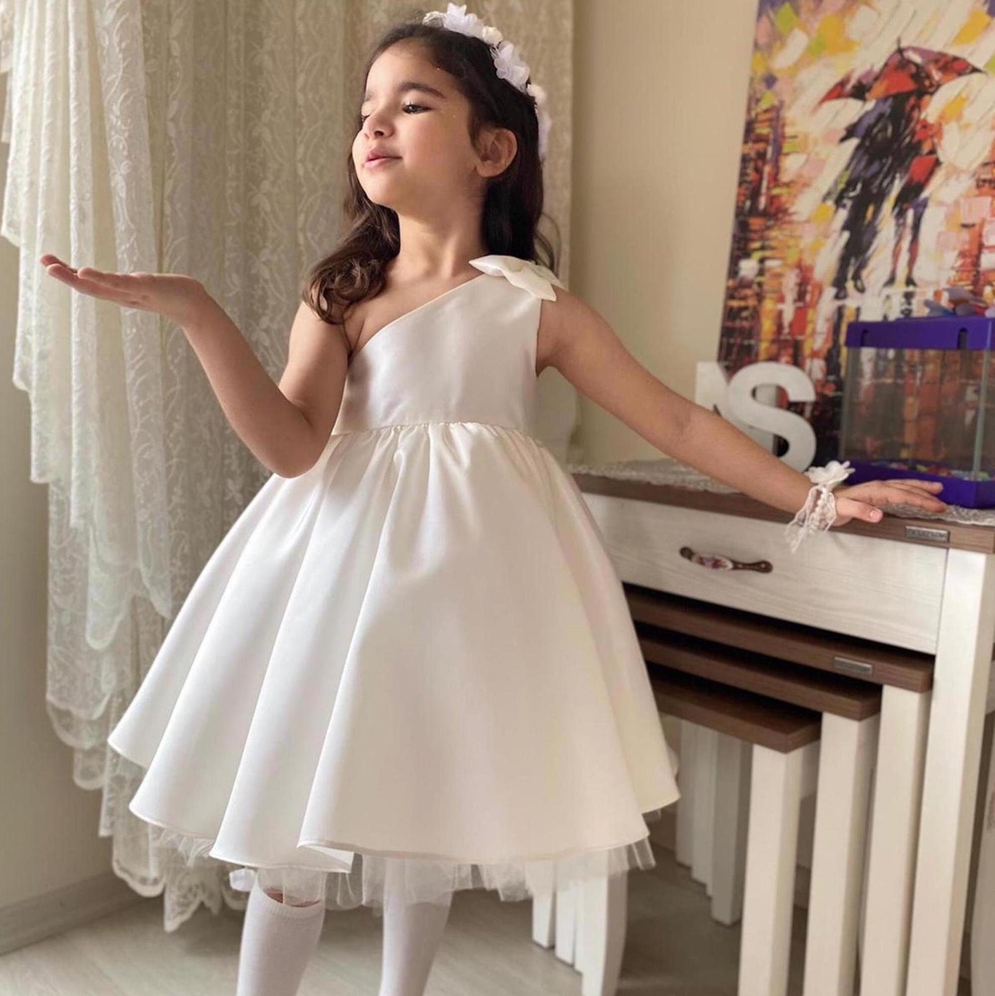 Satin  Flower Girl and Communion Dress: One Shoulder Tulle, Big Bow