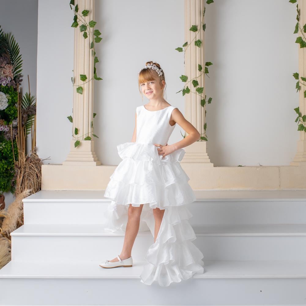 White Satin Flower Girl Dress: Detachable Train, V-Cut Back