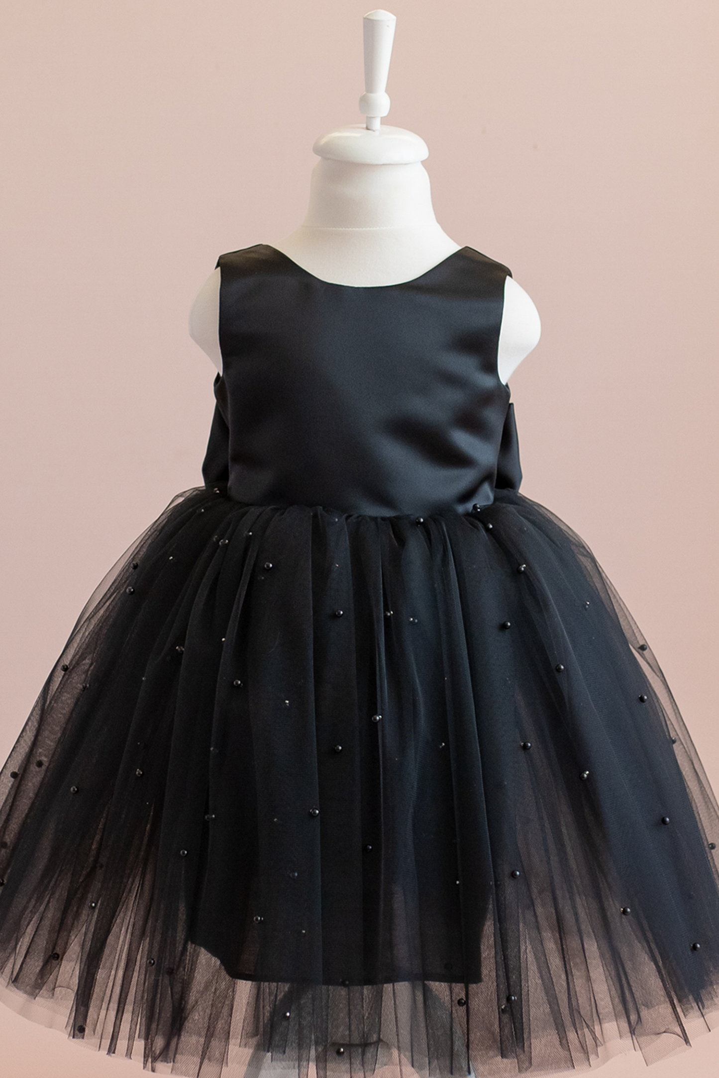 Black Pearl Tulle Flower Girl Dress: V-Back Bow Gown