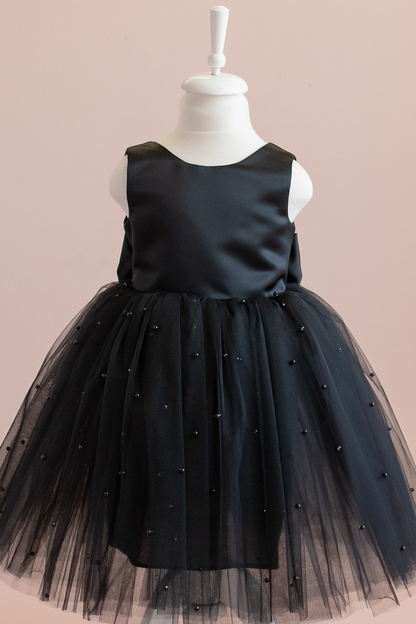 Black Pearl Tulle Flower Girl Dress: V-Back Bow Gown