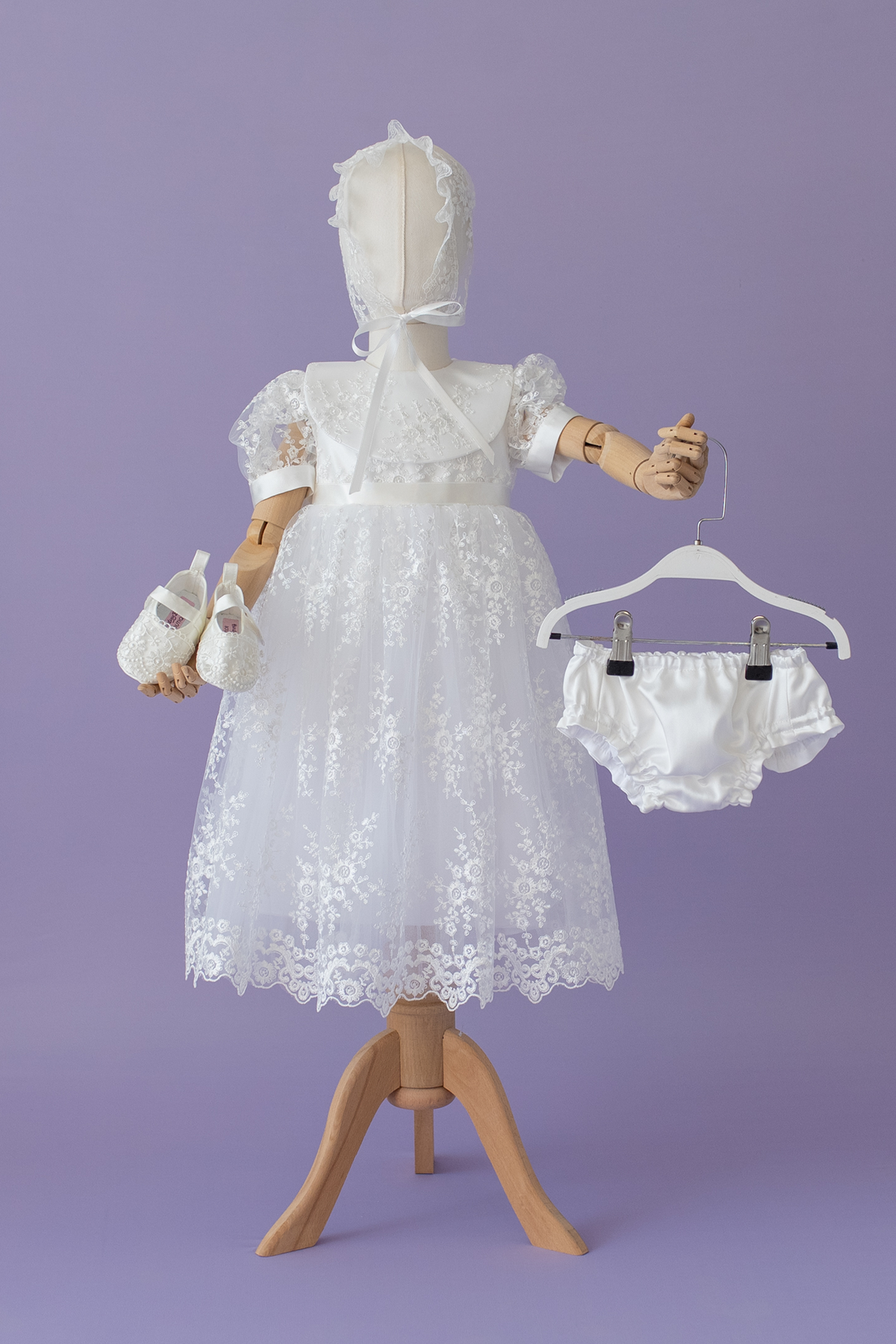 Handmade Baby Girl Baptism Dress White Lace Christening Gown with Bonnet Heirloom Blessing Outfit