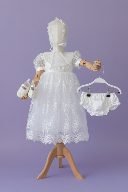 Handmade Baby Girl Baptism Dress White Lace Christening Gown with Bonnet Heirloom Blessing Outfit