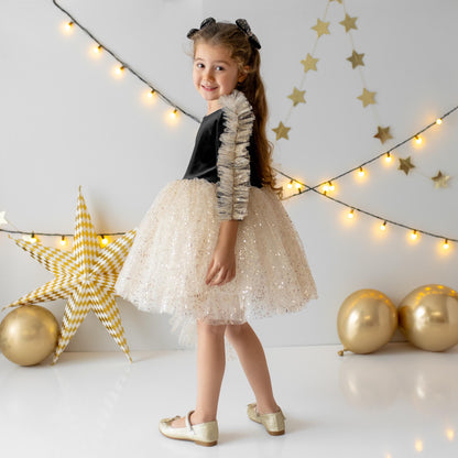 Black Velvet Baby Christmas Dress: Gold Tulle with Personalized Bag