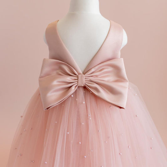 Blush Pink Pearl Tulle Flower Girl Dress: Satin Bodice, Bow Accent