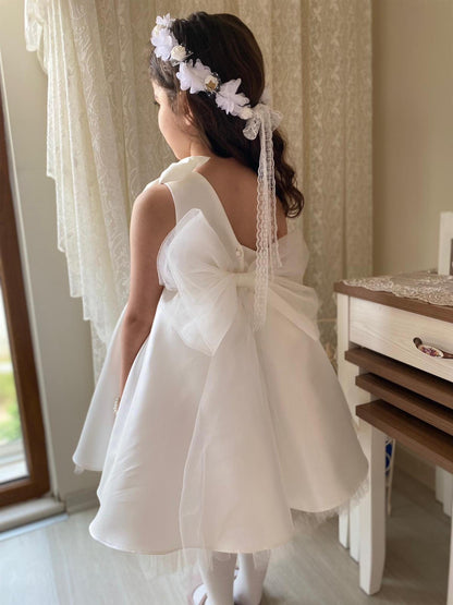 Satin  Flower Girl and Communion Dress: One Shoulder Tulle, Big Bow