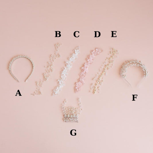 Handmade Pearl Wedding Hair Accessories: Headband, Vine, Comb & Bow