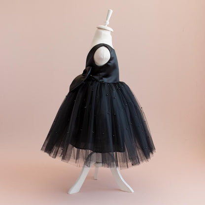 Black Pearl Tulle Flower Girl Dress: V-Back Satin Bow Gown