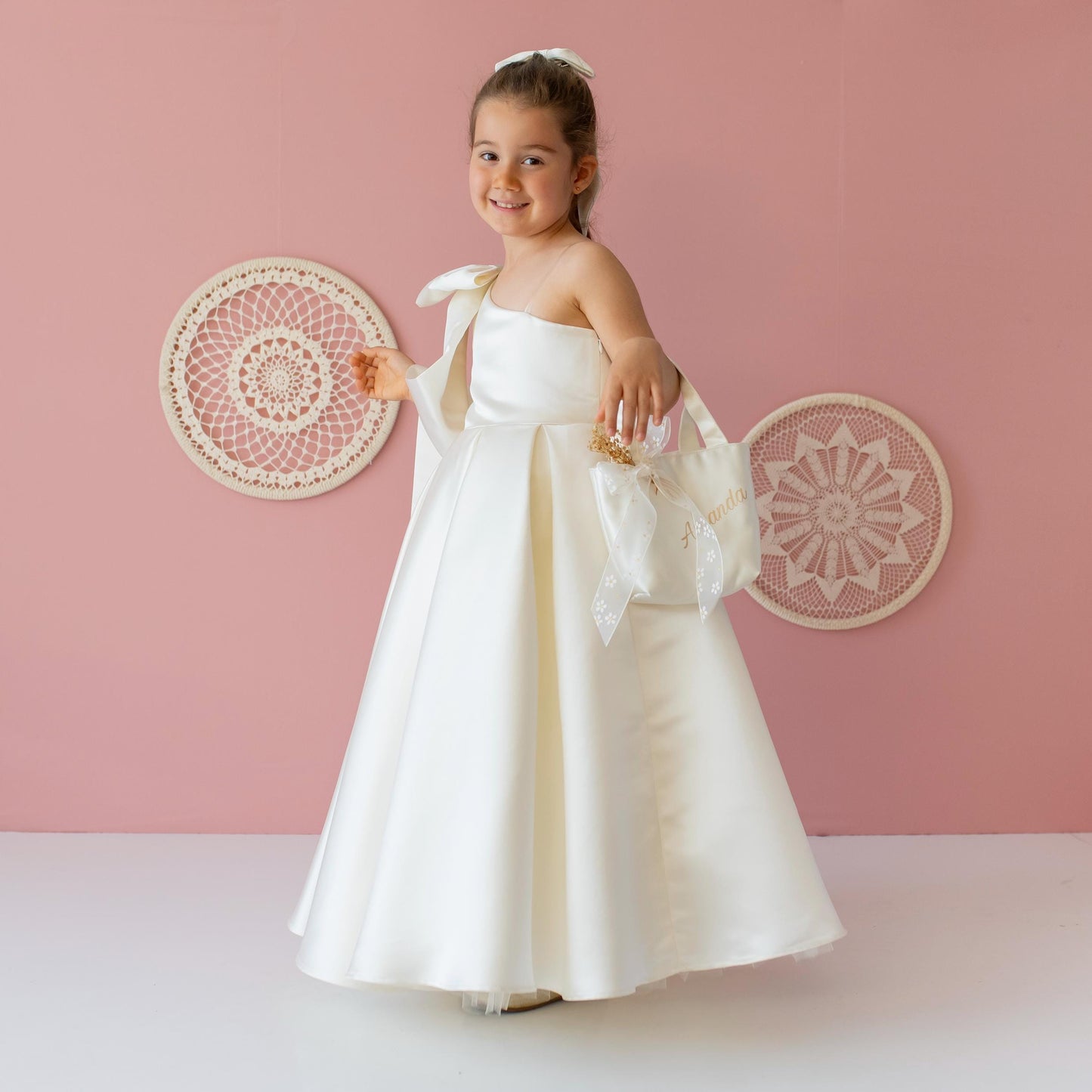 Ivory Satin Flower Girl Dress: One-Shoulder Gown with Bow