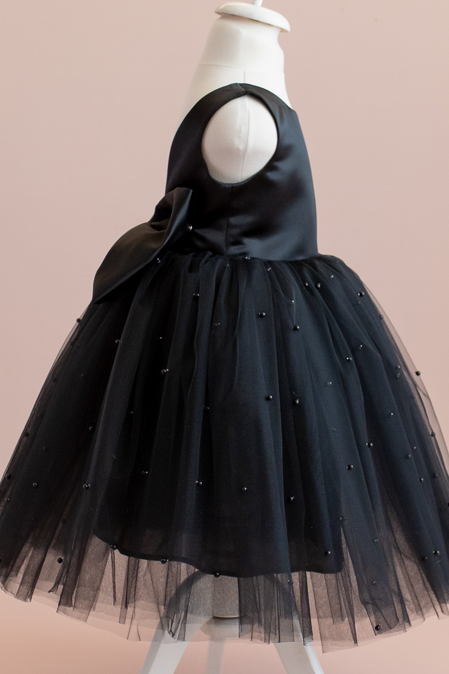 Black Pearl Tulle Flower Girl Dress: V-Back Bow Gown
