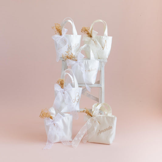 Personalized Satin Flower Girl Tote Bag: Heart Purse & Hair Bow Set