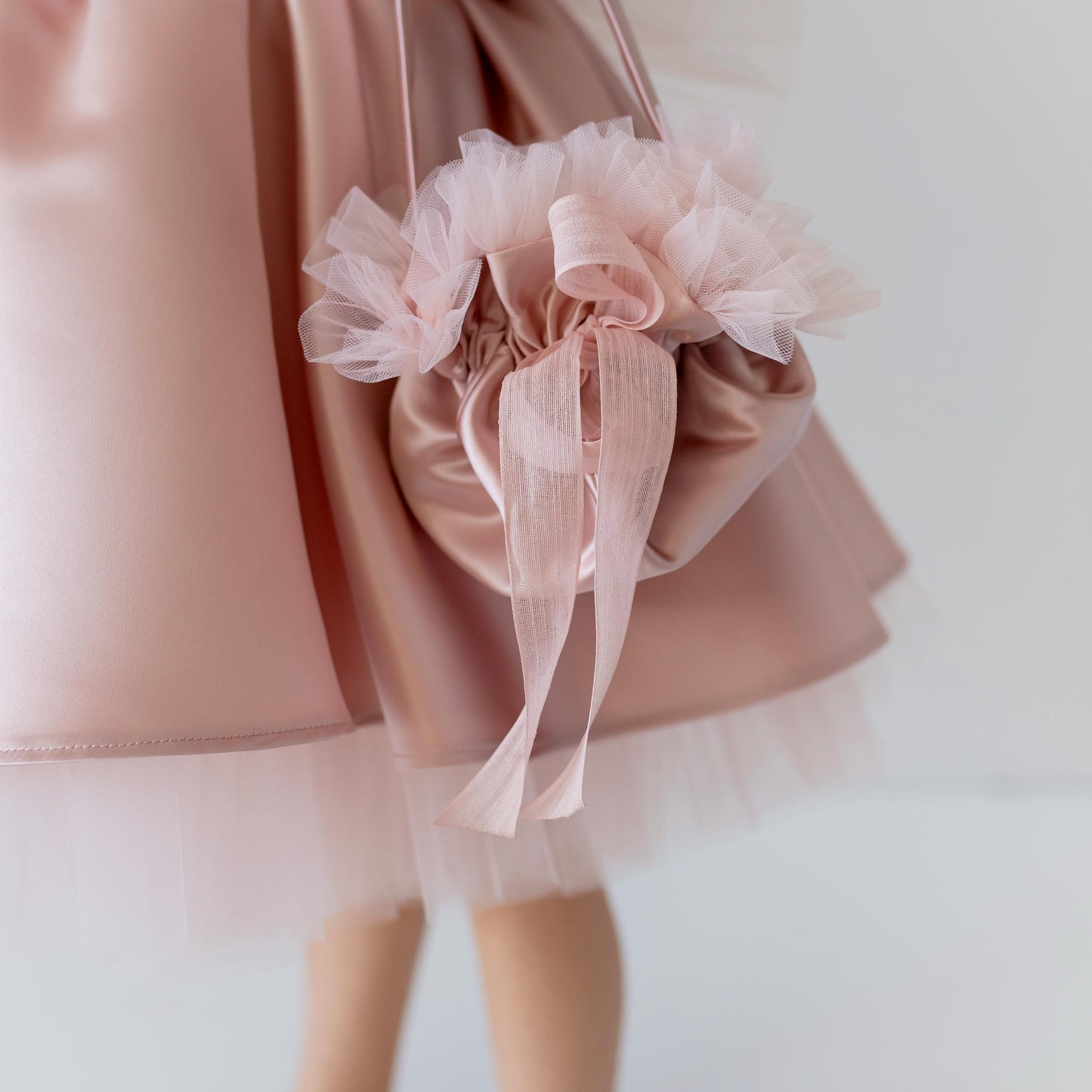 Blush Pink Satin Flower Girl Dress: One-Shoulder Tulle Bow