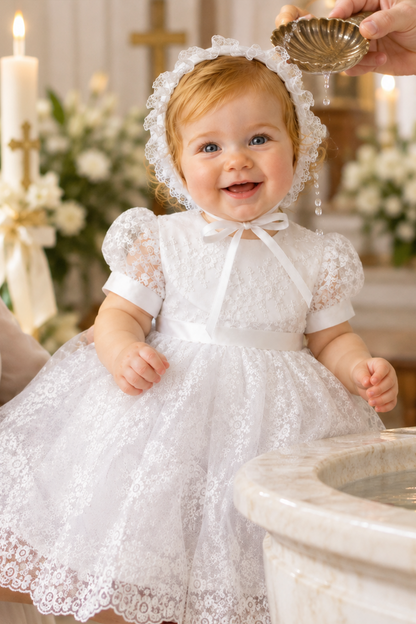 Handmade Baby Girl Baptism Dress White Lace Christening Gown with Bonnet Heirloom Blessing Outfit