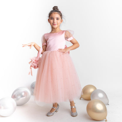 Blush Pearl Tulle Flower Girl Dress: V-Neck Communion, Baptism