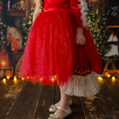 Red Velvet Christmas Dress: Shiny Tulle Dress with Personalized Bag
