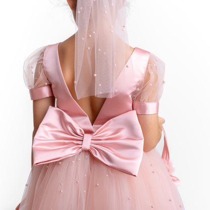 Blush Pearl Tulle Flower Girl Dress: V-Neck Communion, Baptism