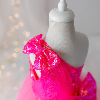 Personalized Pink Sequin Tulle Dress: One-Shoulder Party Outfit
