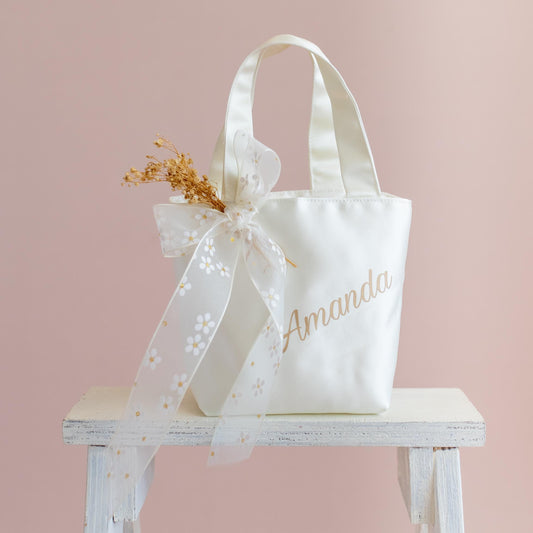 Personalized Satin Flower Girl Tote Bag: Heart Purse & Hair Bow Set