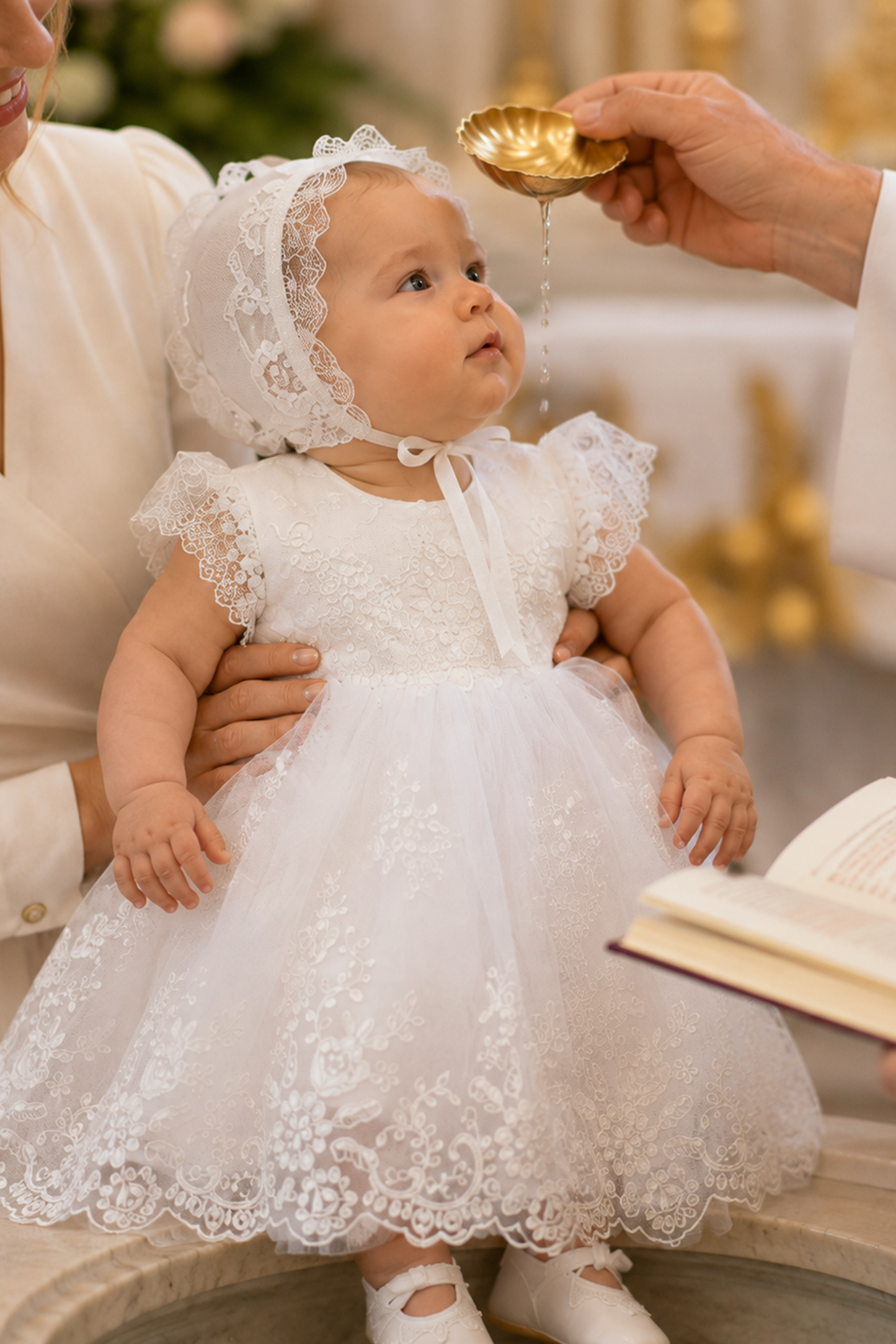 Baptism Dress for Girl | Christening Gown Set | Lace Handmade Bonnet and Shoes
