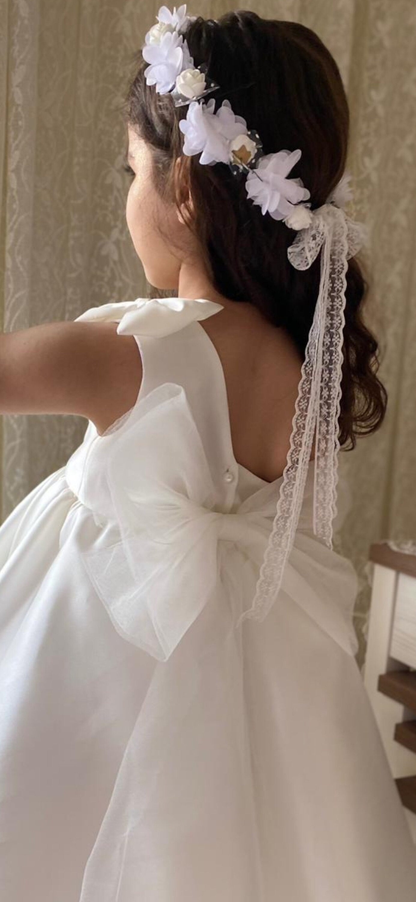 Satin  Flower Girl and Communion Dress: One Shoulder Tulle, Big Bow