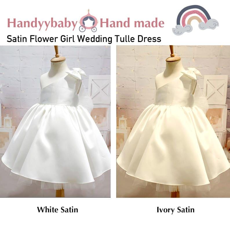 Satin  Flower Girl and Communion Dress: One Shoulder Tulle, Big Bow