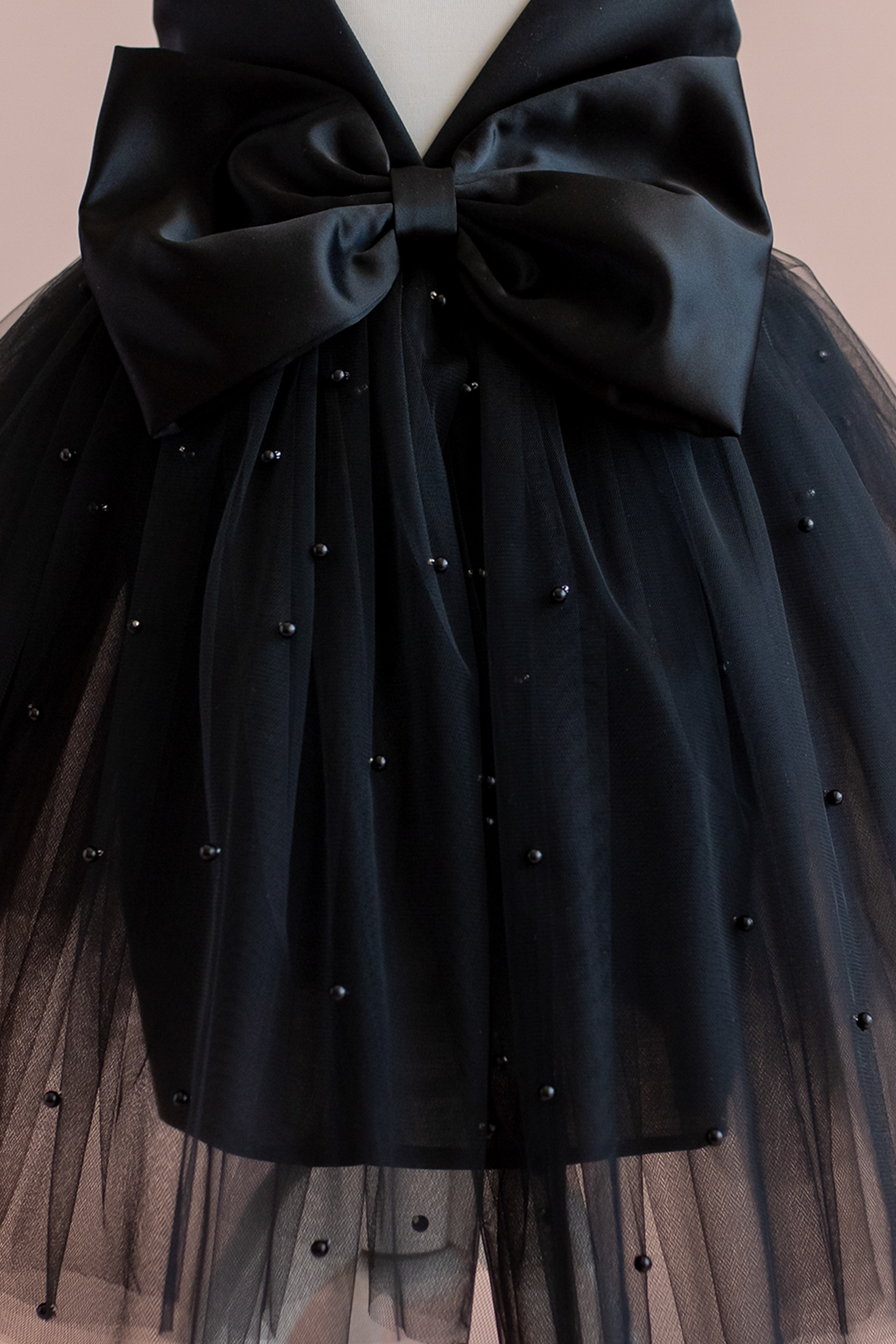 Black Pearl Tulle Flower Girl Dress: V-Back Bow Gown