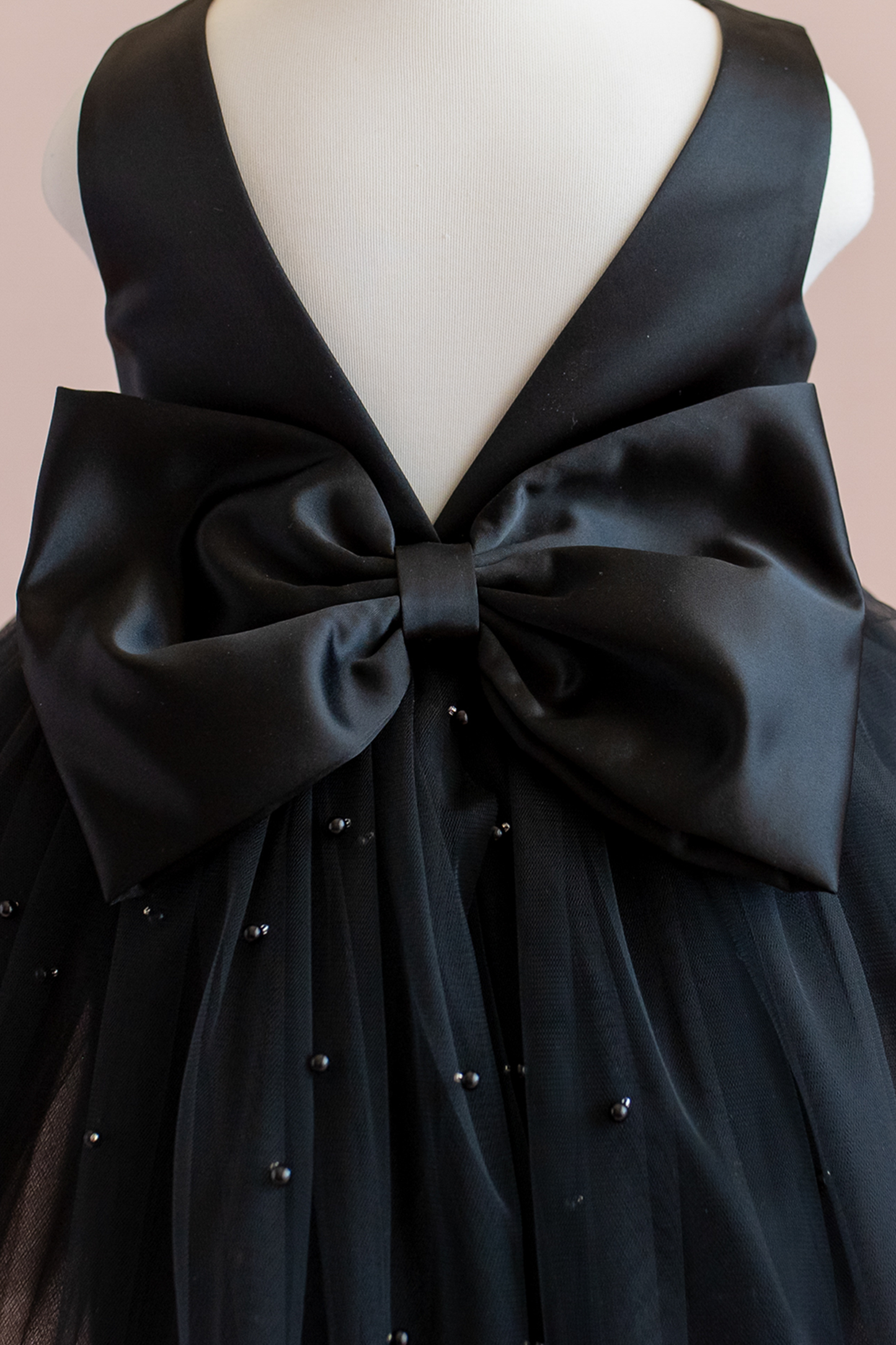 Black Pearl Tulle Flower Girl Dress: V-Back Bow Gown