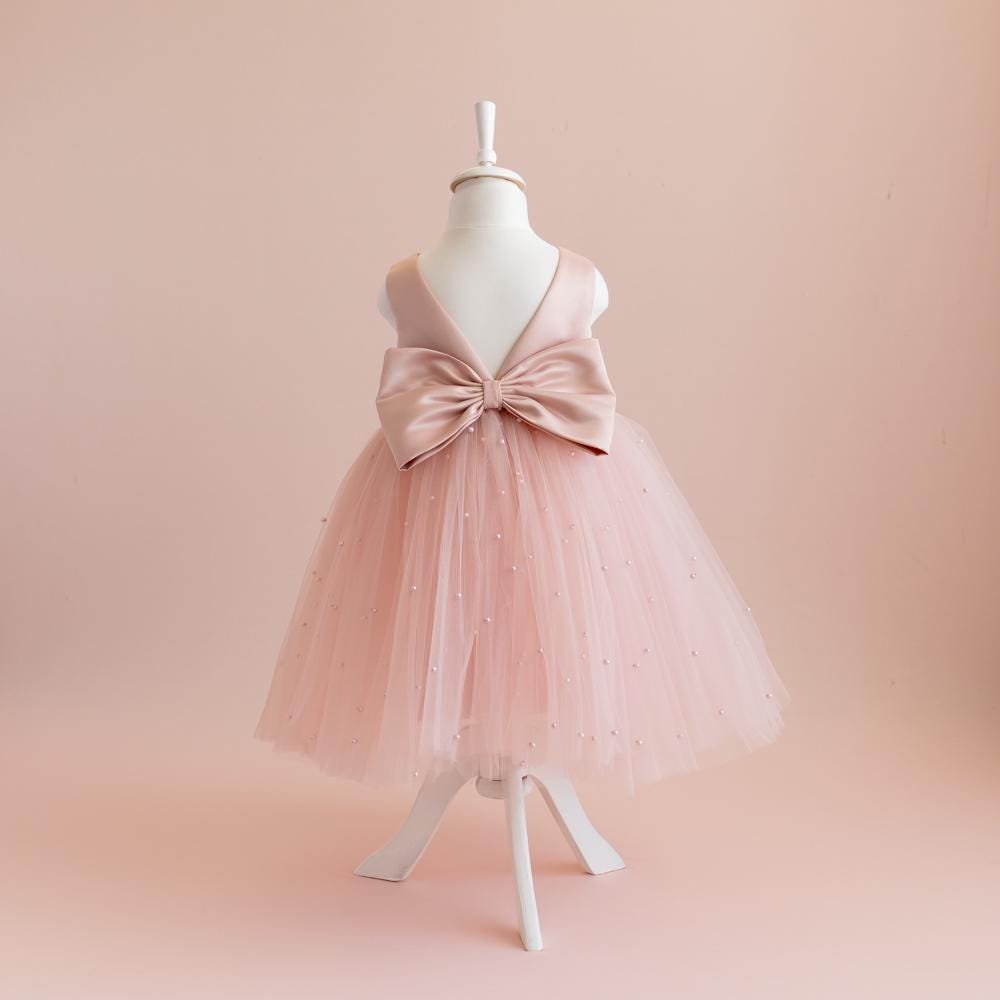 Blush Pink Pearl Tulle Flower Girl Dress: Satin Bodice, Bow Accent