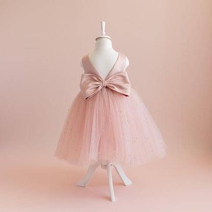 Blush Pink Pearl Tulle Flower Girl Dress: Satin Bodice, Bow Accent