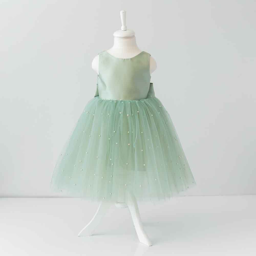 Sage Green Tulle Flower Girl Dress: Pearl Wedding Party Dress