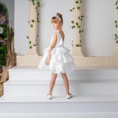 White Satin Flower Girl Dress: Detachable Train, V-Cut Back