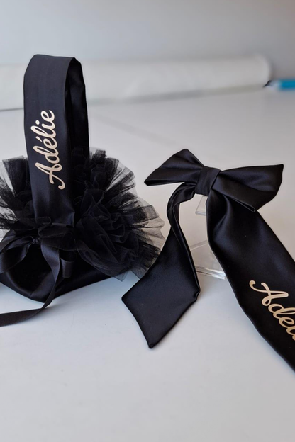 Black Pearl Tulle Flower Girl Dress: V-Back Bow Gown
