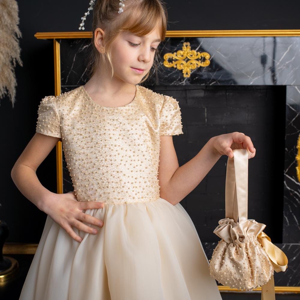 Elegant Champagne Floor-Length Flower Girl Dress with Pearls,Bows