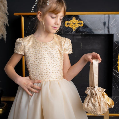 Elegant Champagne Floor-Length Flower Girl Dress with Pearls,Bows