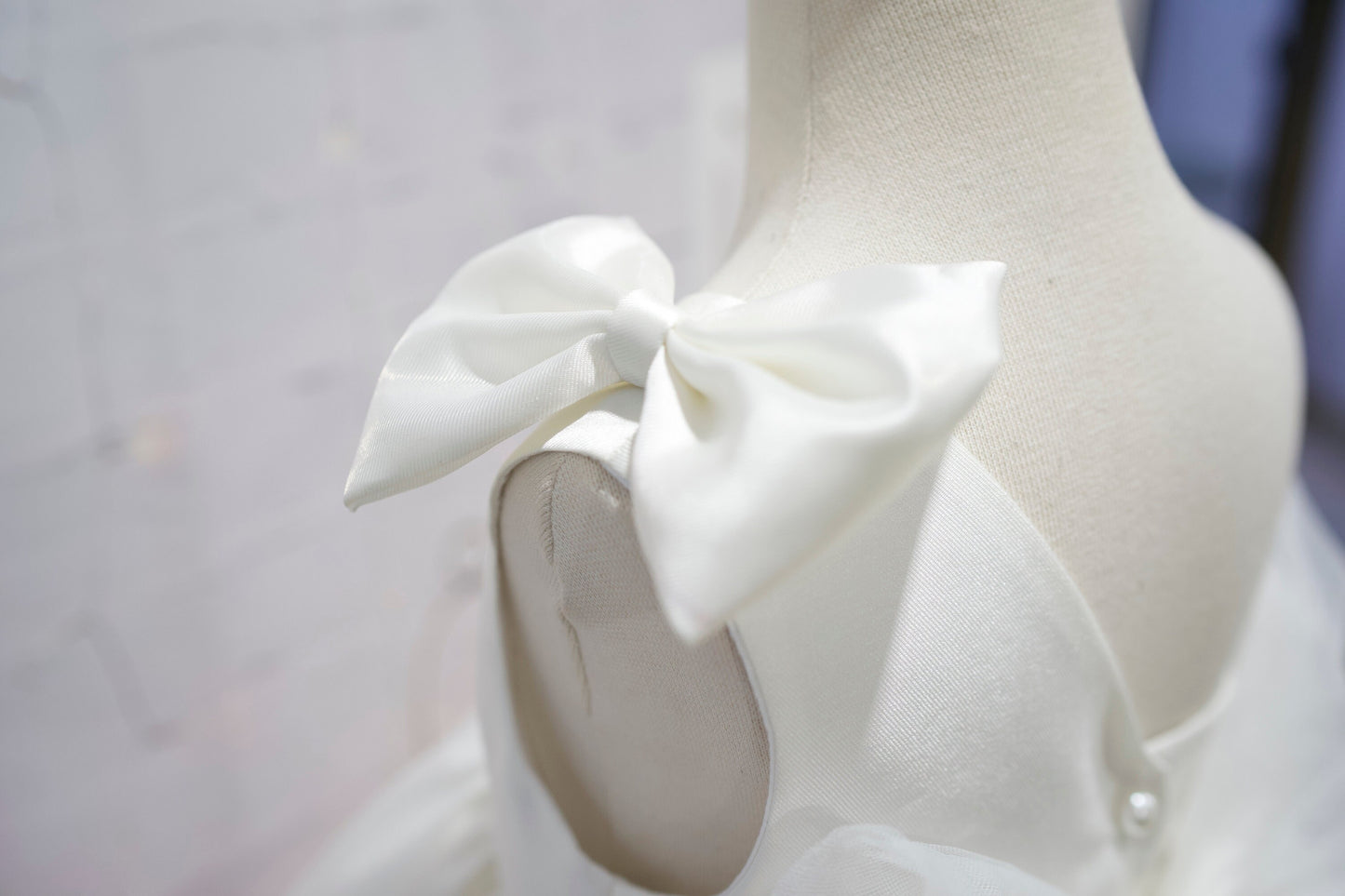 Satin  Flower Girl and Communion Dress: One Shoulder Tulle, Big Bow
