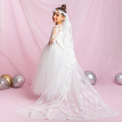 Lace Flower Girl Dress with Detachable Train: First Communion Gown