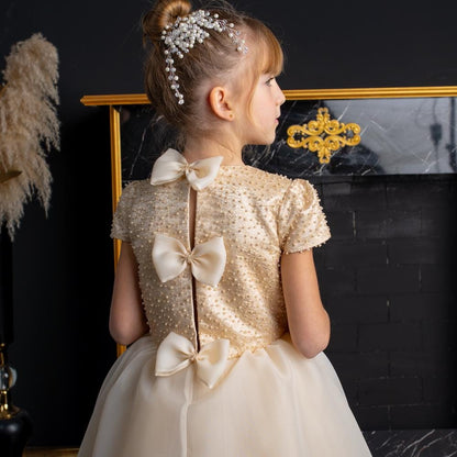 Elegant Champagne Floor-Length Flower Girl Dress with Pearls,Bows