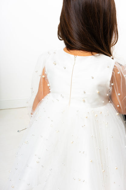 White Pearl Tulle Baby Dress: Elegant Flower Girl, First Birthday