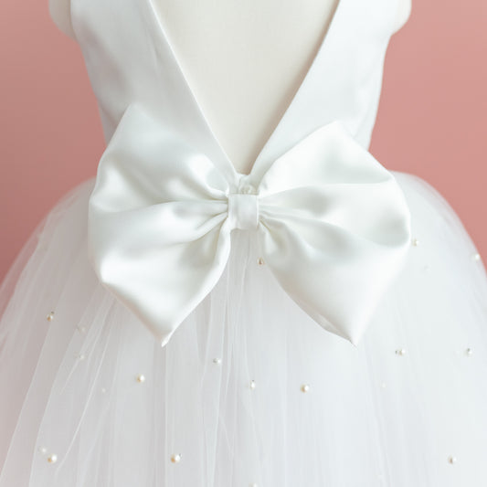 Pearl Tulle Flower Girl Dress: V-Neck Satin Bow Wedding Dress