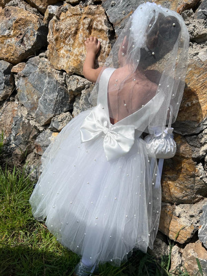 Pearl Tulle Dress: V-Neck Satin Bow Dress 12-18 months / Dress & Veil Pearl Tulle Dress: V-Neck Satin Bow Dress 12-18 months / Dress & Veil