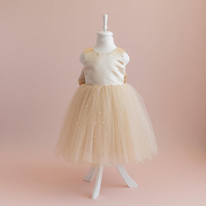 Champagne Pearl Tulle Flower Girl Dress: Elegant Satin Bow Gown