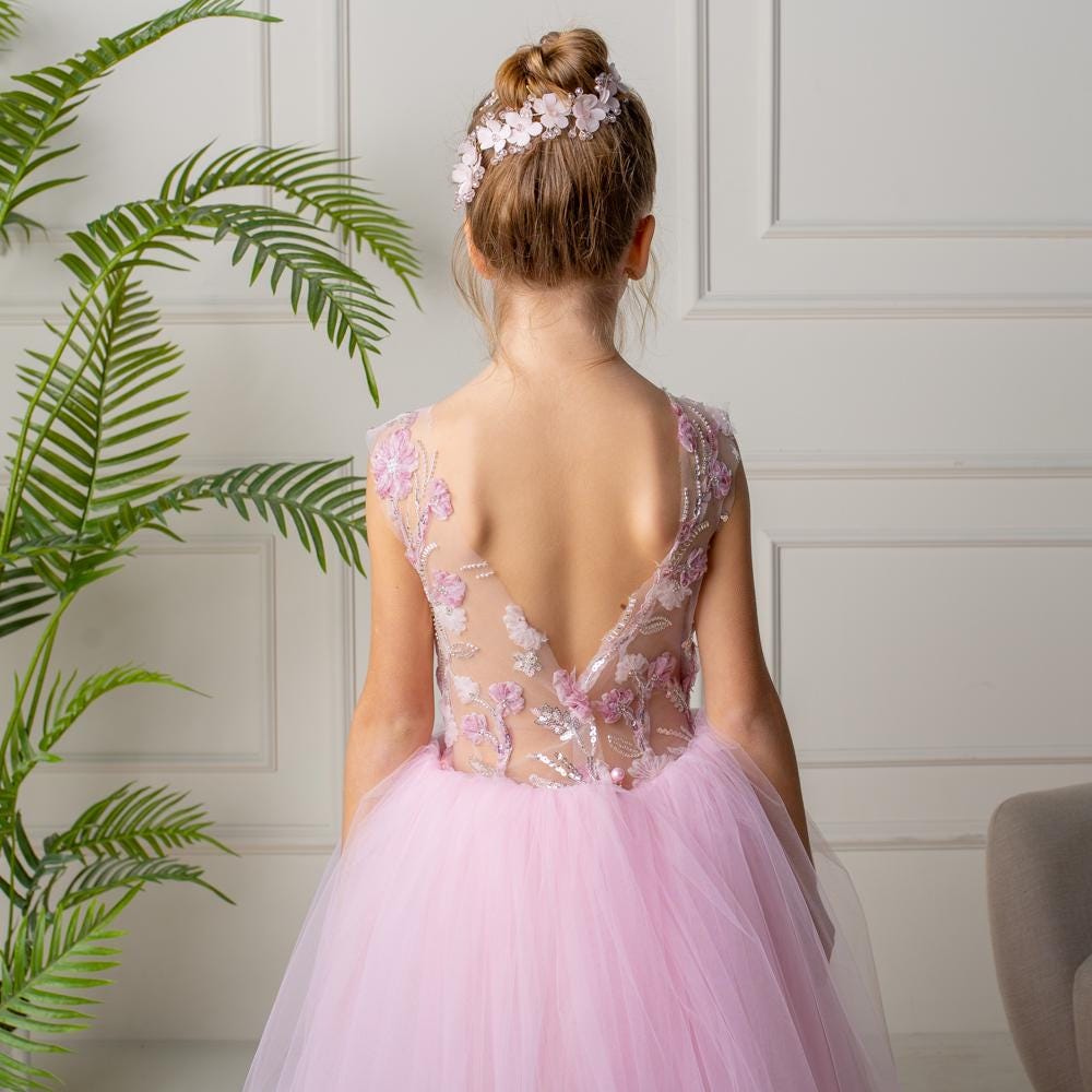 Blush Pink 3D Flower Girl Dress: Tulle & Lace Princess Gown