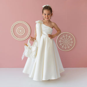 Ivory Satin Dress: One-Shoulder Gown with Bow