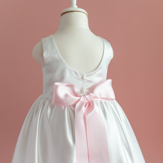 White Satin Flower Girl Dress: Big Bow, Floor Length