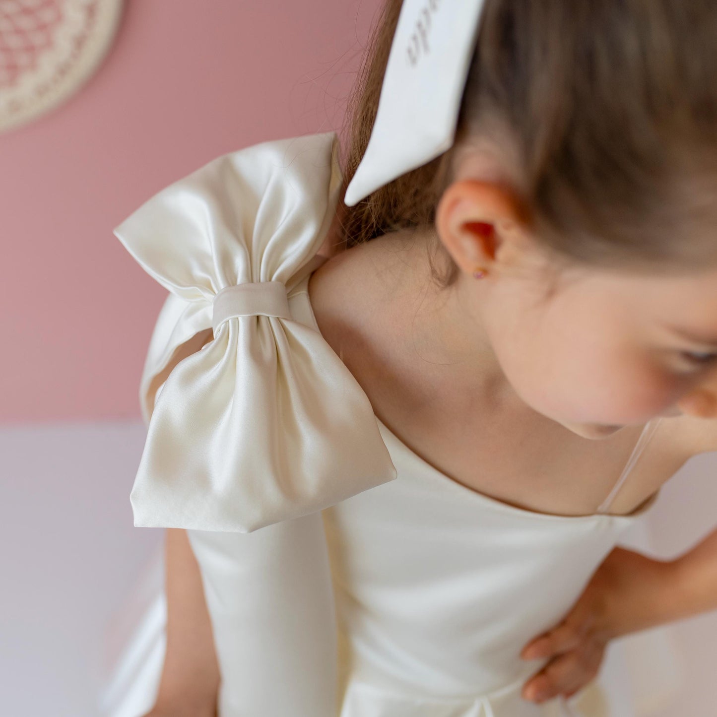 Ivory Satin Flower Girl Dress: One-Shoulder Gown with Bow