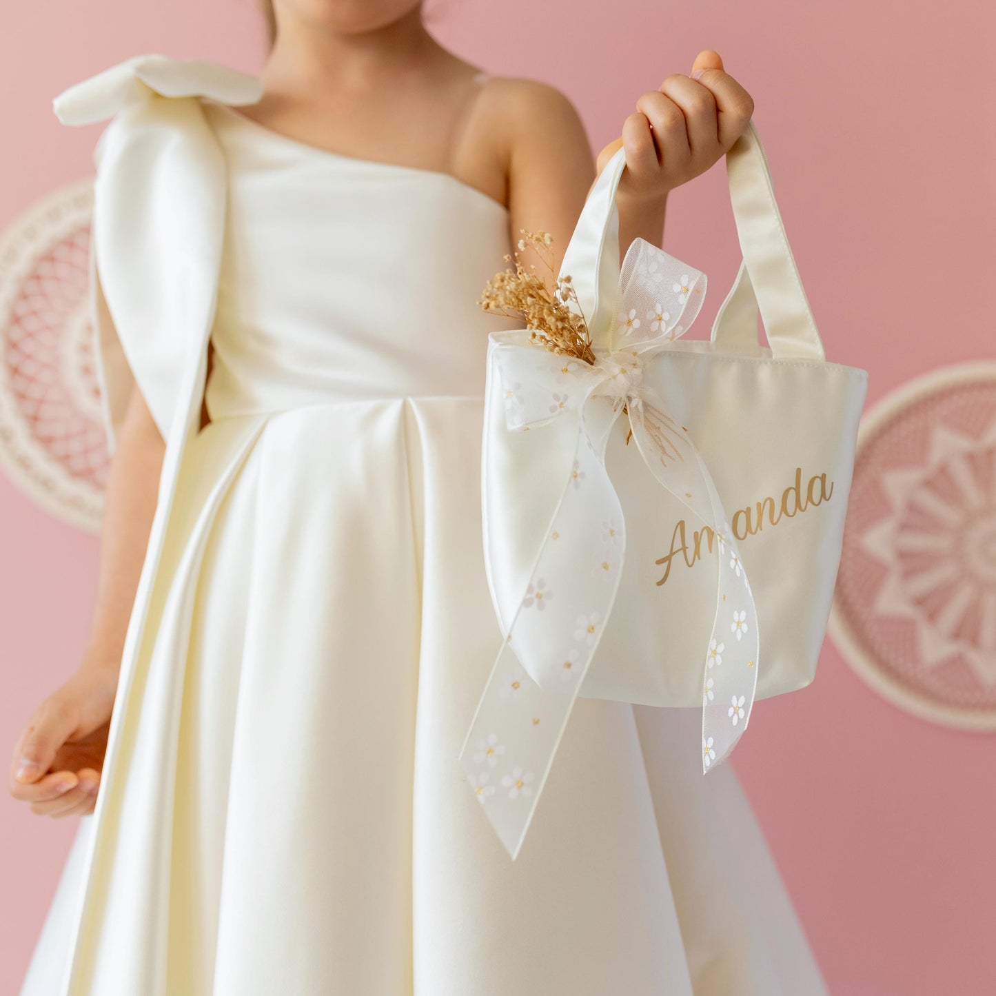 Ivory Satin Flower Girl Dress: One-Shoulder Gown with Bow