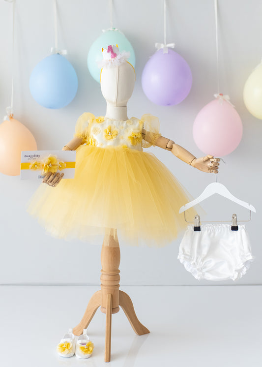 Elegant Yellow Tulle Toddler Girl Dress with Satin Diaper Cover for Special Occasions