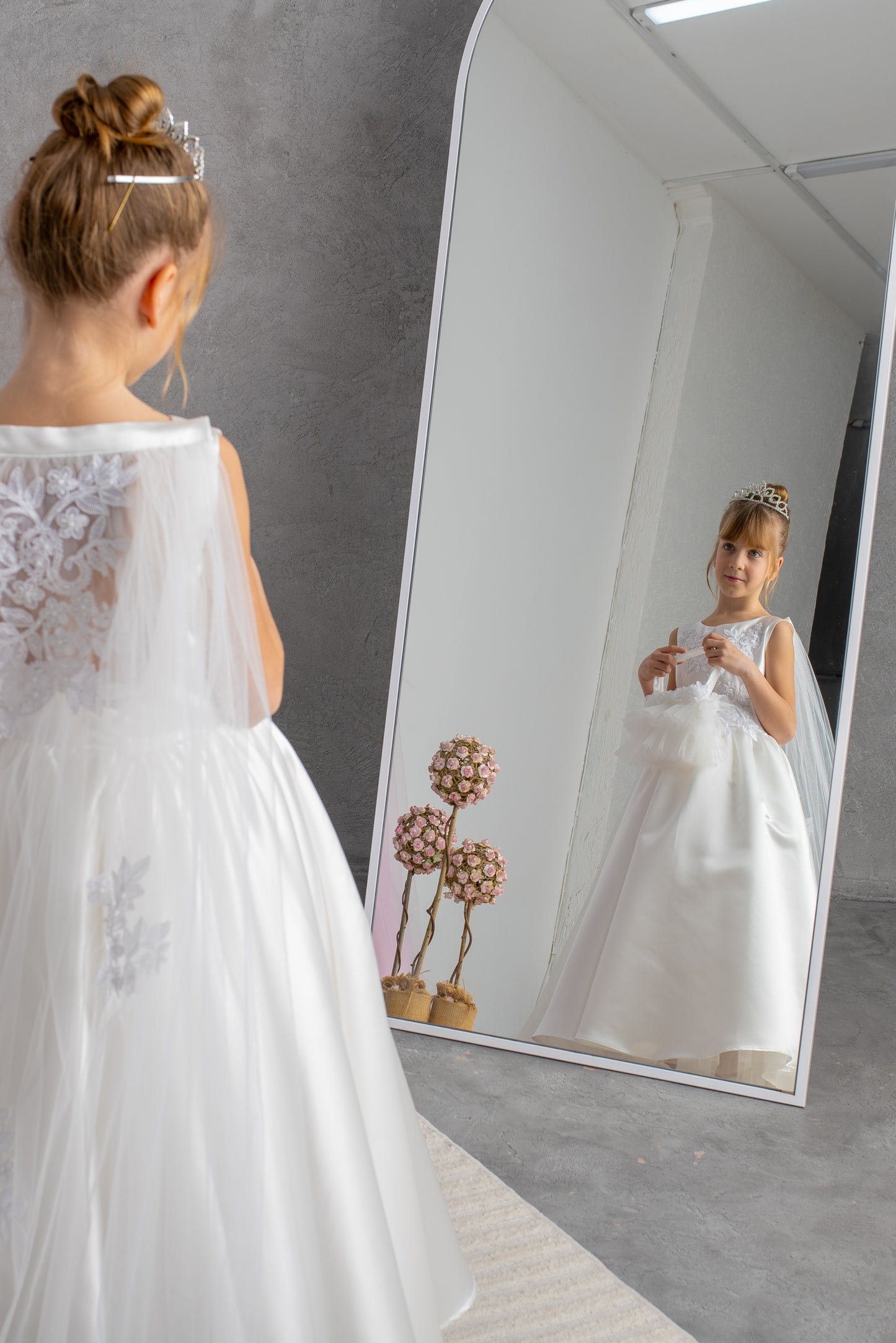 White Satin Flower Girl Dress: Tulle Cape, Lace Appliqués & Handbag